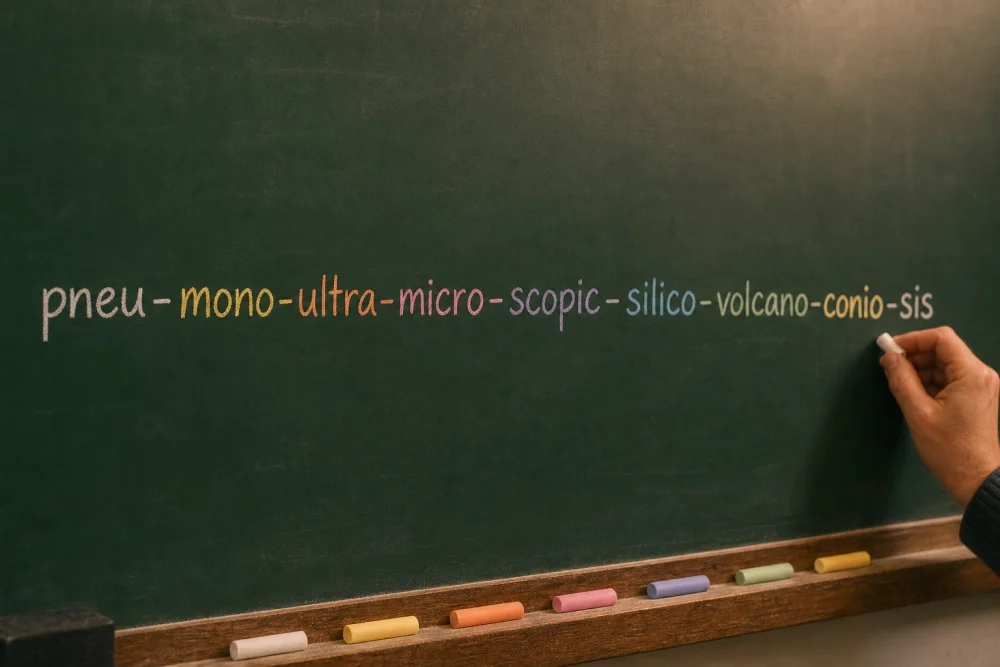 The english dictionary longest word pneumonoultramicroscopicsilicovolcanoconiosis broken into syllable chunks on a chalkboard