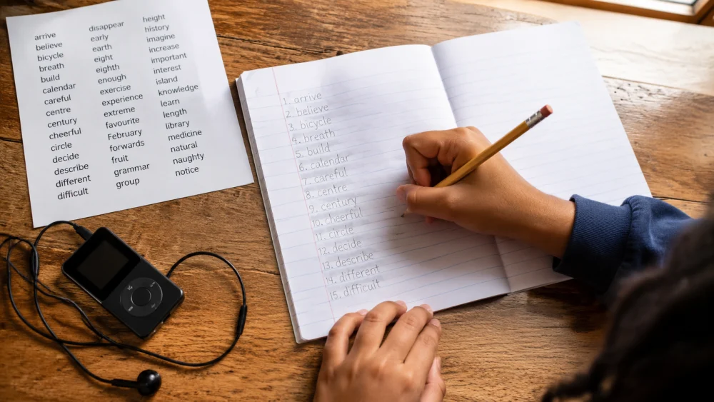 Student practicing dictation word exercises by writing in a notebook from an audio source