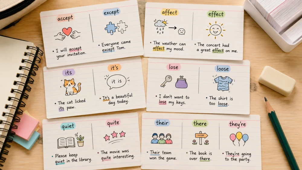 Homophone dictation word cheat sheet with example sentences written on index cards