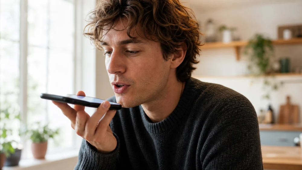 Person practicing how to pronounce dictation into a phone using a speech feedback app