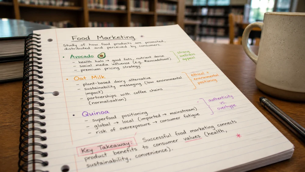 Cambridge 20 Listening Test 2 Part 4 food trends lecture notes on a notebook page