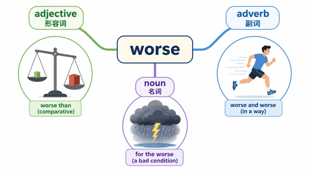 Sơ đồ phân loại 3 từ loại của từ worse và cách chuyển ngữ tương ứng
