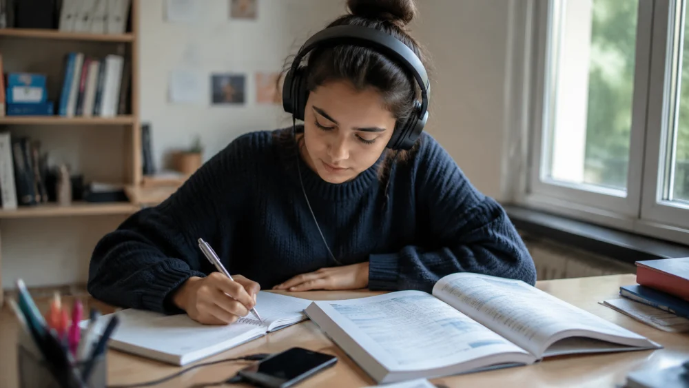Student practicing do vs does they listening exercises with headphones