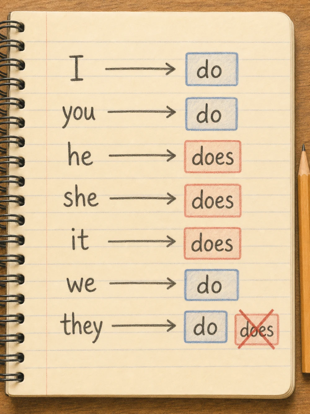 Pronoun chart showing does they is incorrect and do they is correct