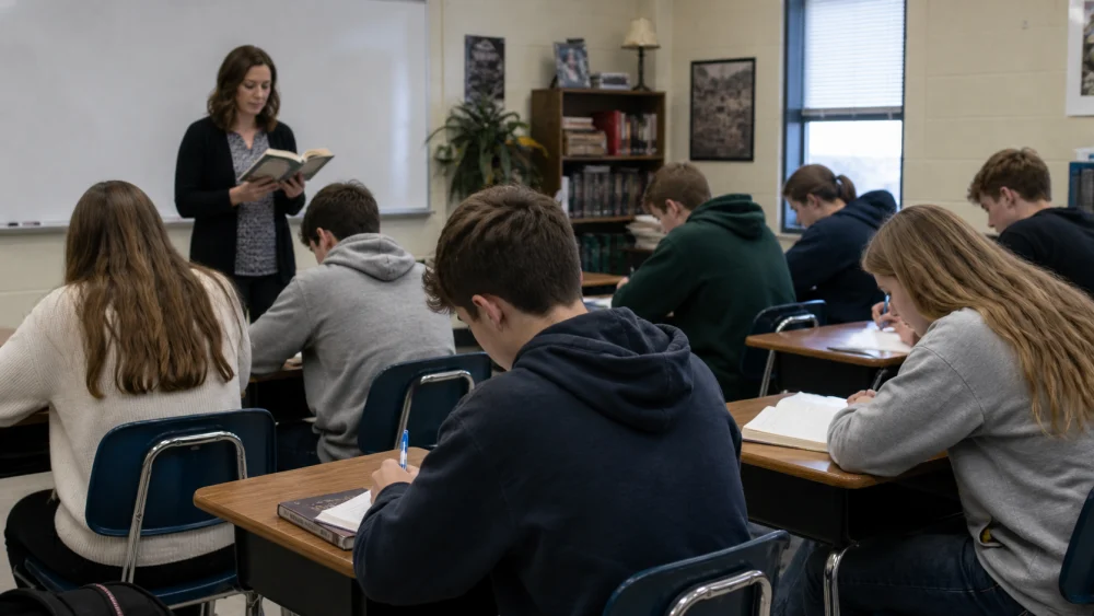 Teacher reading aloud to students writing at desks showing dictation meaning in english as a classroom exercise