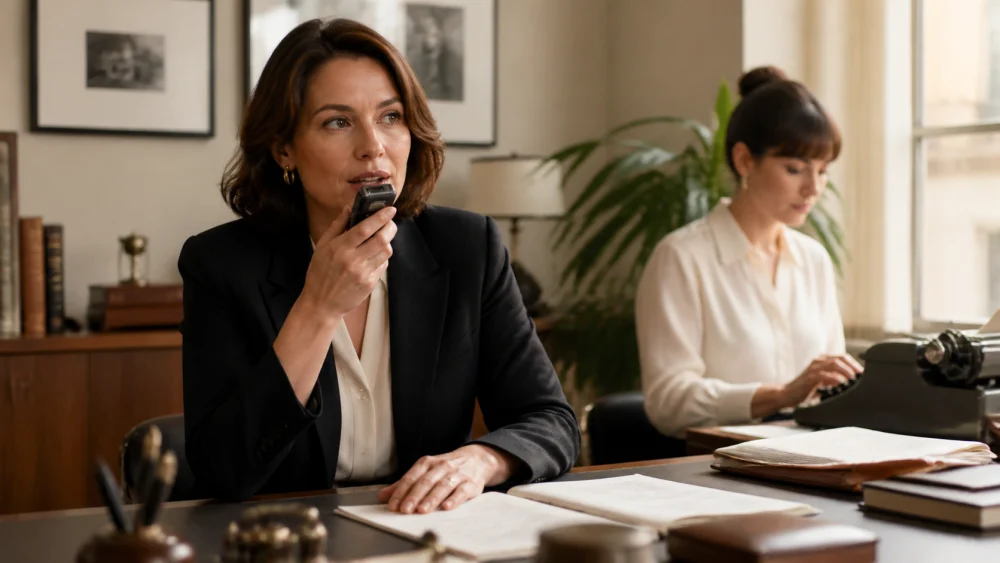 Person speaking into a recorder to illustrate dictation meaning in english as transcription